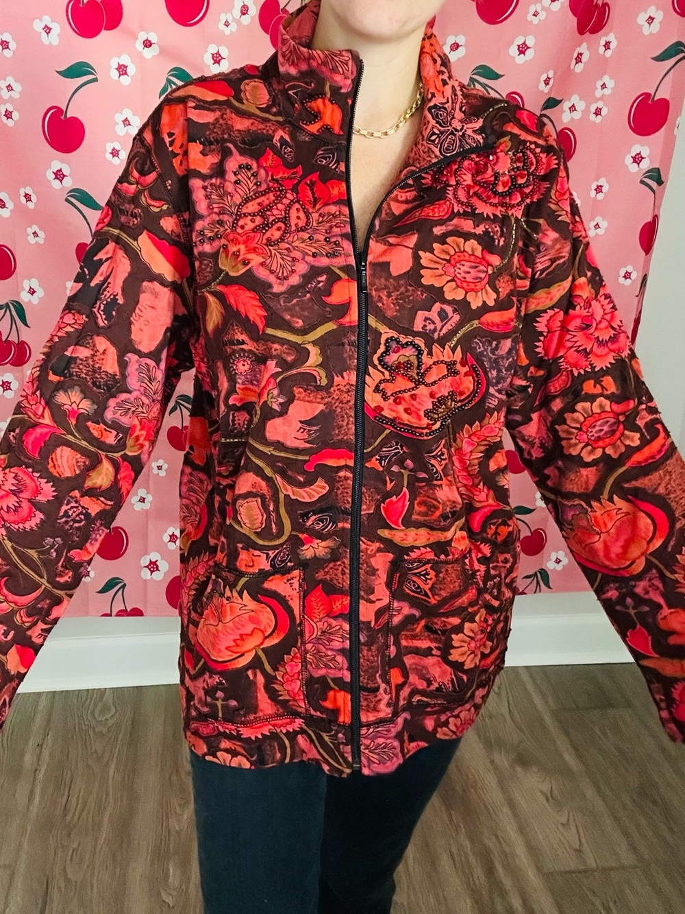 Chico's Red Multi Floral Zip-Front Bomber Jacket